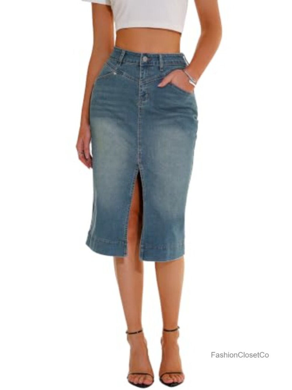 High Waisted Midi Denim Skirt with Slit Stretch Cotton Pencil Jean Skirt